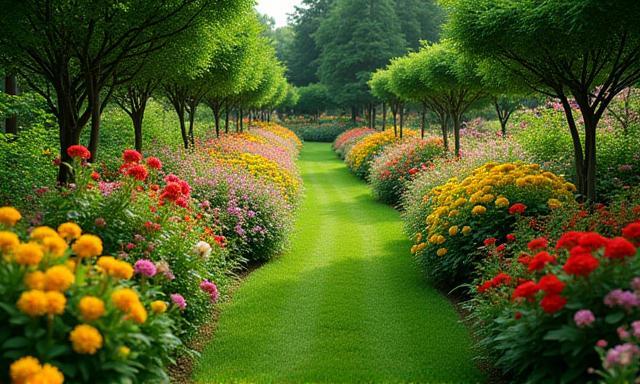 Bloemenpaden in een groene tuin