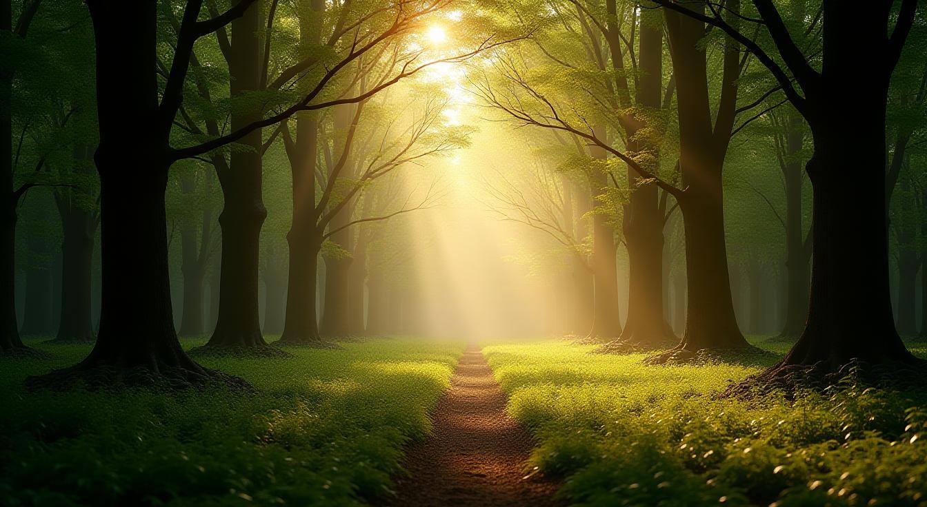 Natuurlijke herinneringstuin met zonnestralen door bomen