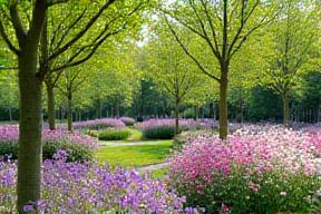 Herinneringstuin vol bloemen en jonge boompjes